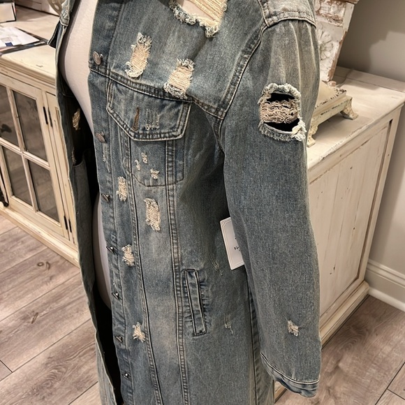 NWT Oversized Distressed Denim Maxi Trench - Picture 7 of 9